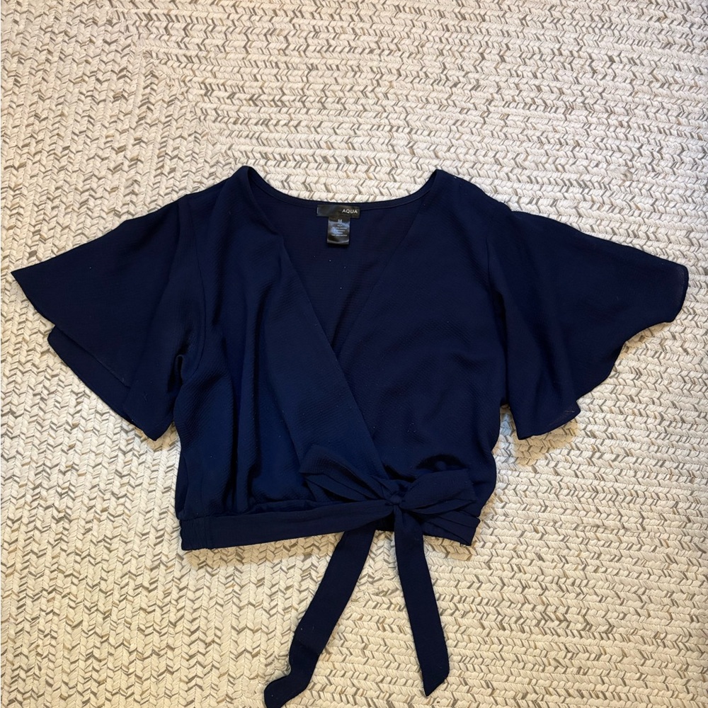 Aqua Blue Flutter Sleeve Crop Blouse